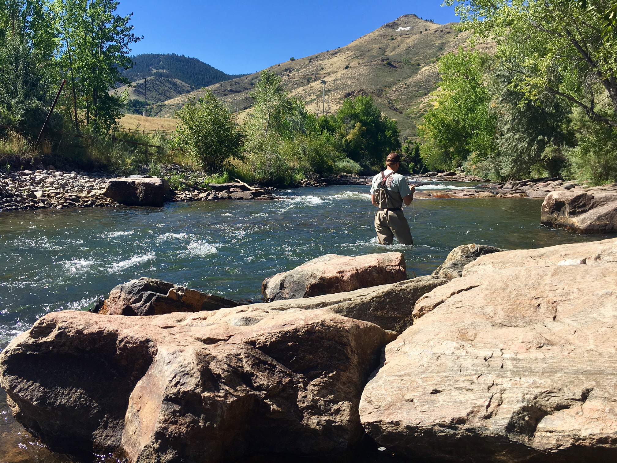 A man fly fishing in Golden, CO