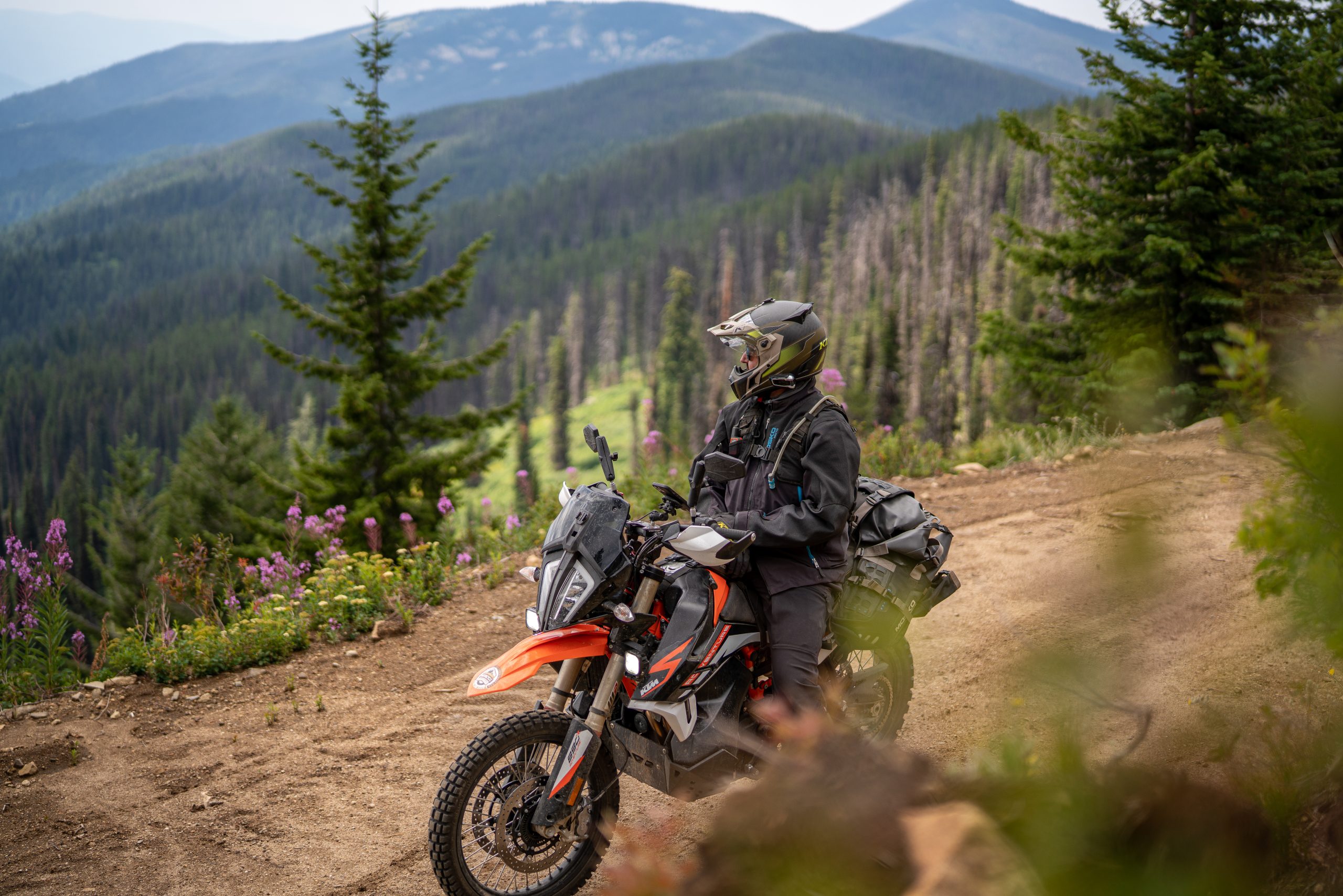 A motorcyclist riding in the mountains of Colorado