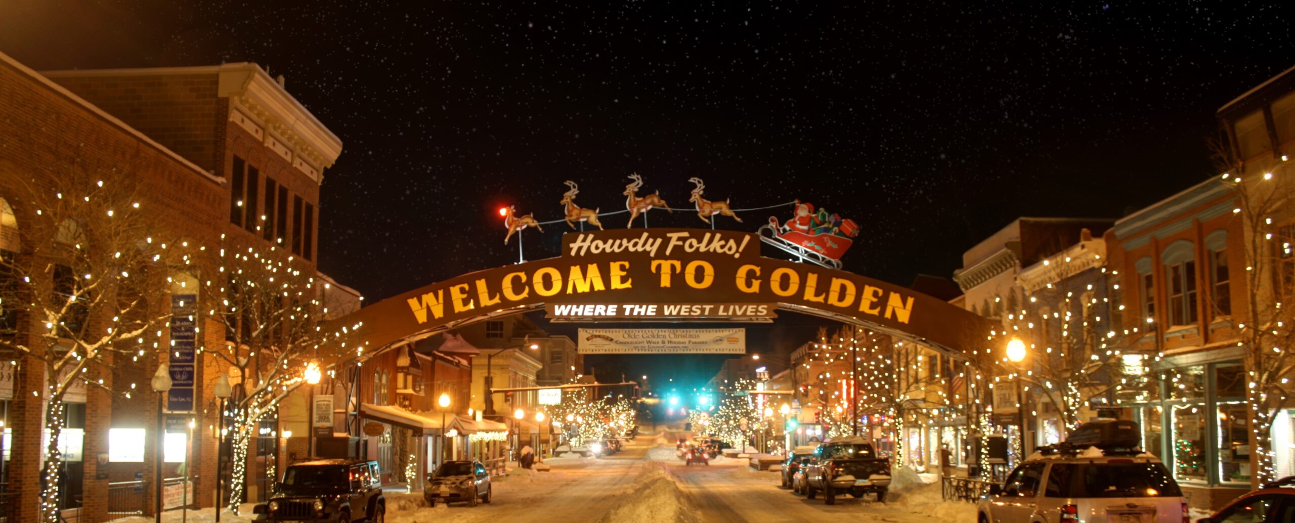 Welcome Arch Downtown Golden Washington Ave. with winter holiday lights and decorations