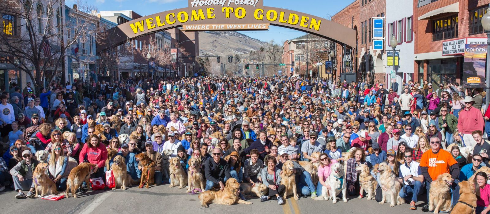 Goldens in Golden group photo in Downtown Golden, CO