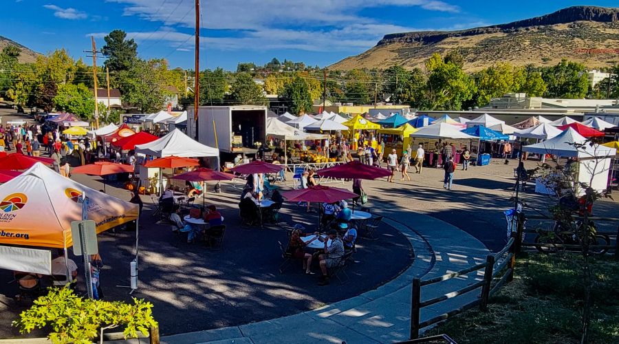Looking out over the Golden CO farmers market vendors with North Table Mountain in the background on a sunny summer day.